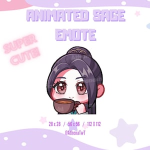 Peut inclure: Graphique Animated Sage Emote avec un personnage de style anime mignon tenant une tasse de thé. L'image a un fond rose et violet avec des étoiles et le texte "SUPER CUTE". Les dimensions sont de 28 x 28, 56 x 56 et 112 x 112.