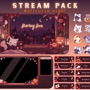 Könnte beinhalten: Ein digitales Halloween-Stream-Paket mit einem Starting Soon-Bildschirm, einem schlafenden Katzenmotiv, Kürbissen und Herbstlaub. Enthält passende Chat-Overlays und Schaltflächen mit Beschriftungen wie YouTube, Discord, Patreon, FAQ, Donate, Subscribe.