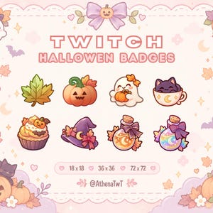 Puede incluir: Un conjunto de insignias digitales de Halloween para Twitch que incluye una hoja de arce, calabaza, fantasma, gato en una taza, cupcake, sombrero de bruja y dos pociones. El texto dice TWITCH HALLOWEEN BADGES y 18x18, 36x36, 72x72.
