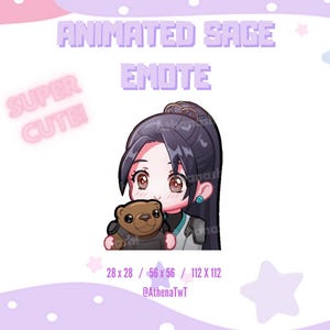 May include: An animated emote featuring a character with dark hair holding a teddy bear. The text "ANIMATED SAGE EMOTE" is displayed above the character, with "SUPER CUTIE" in pink text. The image is set against a pastel background with stars.