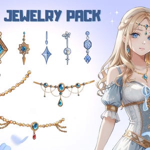 Può includere: Illustrazione di un set di gioielli con varie collane, orecchini e copricapi. I gioielli presentano pietre preziose blu e dettagli dorati. L'immagine include anche un ritratto di una donna con capelli biondi e occhi blu, che indossa gioielli simili.
