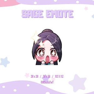 Puede incluir: Ilustración digital de un personaje con cabello oscuro y ojos grandes, expresando sorpresa. El texto "SAGE EMOTE" está encima del personaje. El fondo es rosa y morado con formas de estrella.