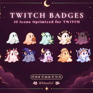May include: A set of 10 digital Twitch badges featuring ghost characters with various accessories including flowers, hats, crowns, and wings. The text reads TWITCH BADGES 10 Icons Optimized for TWITCH, with size labels 18x18, 36x36, and 72x72.