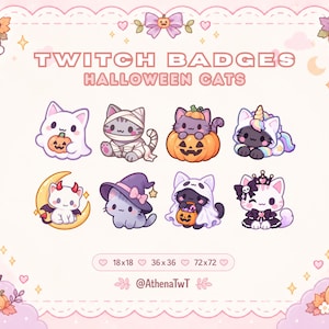 Könnte beinhalten: Ein Set aus acht digitalen Twitch-Badges mit dem Titel Halloween Cats, die Katzen in Kostümen als Geist, Mumie, Kürbis, Einhorn, Teufel, Hexe, Bettlaken-Geist und Prinzessin zeigen. Die Badges sind in 18x18, 36x36 und 72x72 Pixeln verfügbar.