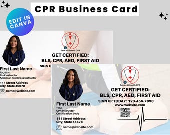 May include: A business card for a CPR instructor. The card features a red cross logo, the text "Get Certified: BLS, CPR, AED, First Aid", and contact information for the instructor.
