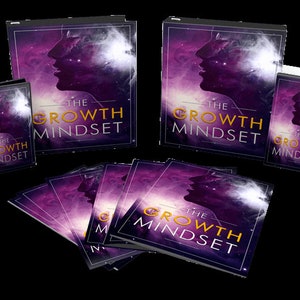 May include: A set of purple and gold books with the title "The Growth Mindset" on the cover. The books are arranged in a stack and are surrounded by a purple and white background.