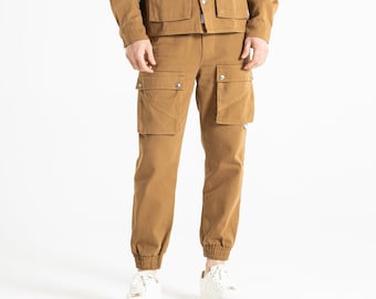 Men's Comfortable Double Cargo Pocket Elasticized Gabardine Trousers, Boho Pants With Pockets, %100 Cotton Elastic Waist Pants,