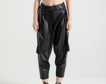 Black Waist Belted Midi Length Casual Faux Leather Baggy Trousers, Harem Pants, Steampunk Pants, Cargo Baggy Sweatpants, Streetwear Trousers