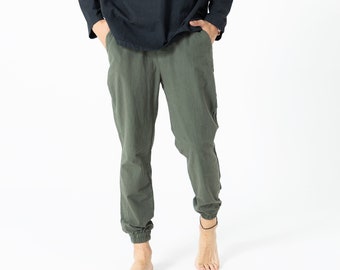 Khaki Elastic Leg Jogger Pants, Boho Pants With Pockets, %100 Cotton Elastic Waist Pants, Soft Linen Pants, Summer Loose Pants