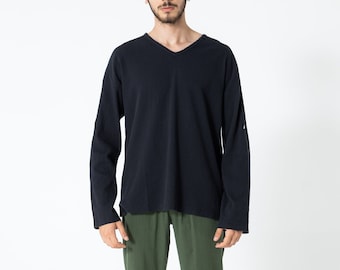 Black Men's Solid Color Linen Shirt, %100 Organic Cotton Sweat, Clothing with Pocket, Vintage Cloths, Boho Clothing