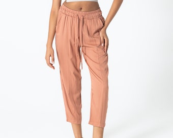 Pink Comfortable Cut Elastic Waist Pleated Relaxed Cut Trousers, Boho Pants With Pockets,Soft Linen Pants