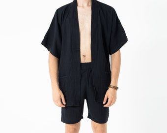 Black Muslin Pocket Oversized Kimono, Bohemian Style 100% Cotton Kimono Robes, Kimono Cardigan Wrap, Beach cover up, Boho style