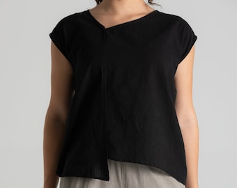 Womans Summer Black Linen Look Asymmetric Cut Collar Piping Detail 100% Cotton Short Sleeve Blouse, Harajuku Blouse, Irregular Blouse