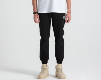 Men’s Black Cargo Pants, %100 Organic Cotton Boho Hiking Jogger Pants With Pockets, Hip Hop Elastic Waistband Pants