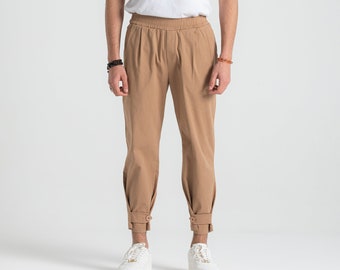 Men’s Gray Trousers Detail Cargo Pants, %100 Cotton Boho Hiking Jogger Pants Pockets, Harem Soft Linen Pants, Hip Hop Elastic Waist Pants