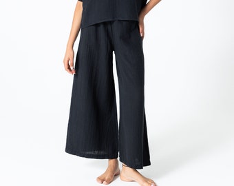 Black Muslin Relaxed Fit Elastic Waist Wide Leg Bohemian Pants, 100% Organic Cotton Trousers, With Pockets,Soft Linen Pants