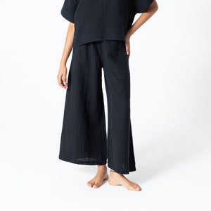 Black Muslin Relaxed Fit Elastic Waist Wide Leg Bohemian Pants, 100% Organic Cotton Trousers, With Pockets,Soft Linen Pants Black