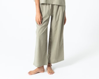 Green Muslin Relaxed Fit Elastic Waist Wide Leg Bohemian Pants, 100% Organic Cotton Trousers, With Pockets,Soft Linen Pants