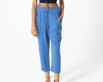 Blue Comfortable Cut Elastic Waist Pleated Relaxed Cut Trousers, 100% Organic Cotton Trousers, Boho Pants With Pockets,Soft Linen Pants