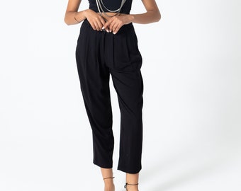 Black Button Closure 100% Viscose Belmando Trousers, Comfortable Pleated Relaxed Cut Trousers, Organic Cotton Trousers, Boho Pants