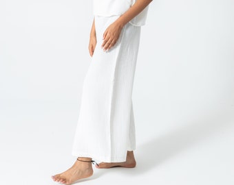 White Muslin Relaxed Fit Elastic Waist Wide Leg Bohemian Pants, 100% Organic Cotton Trousers, With Pockets,Soft Linen Pants