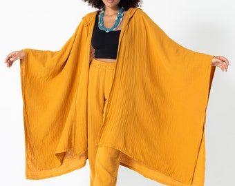 Yellow Muslin Loose Hooded Bohemian Caftan, Bohemian Style 100% Cotton Kimono Robes, Kimono Cardigan Wrap, Beach cover up, Boho style