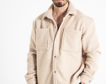 Stone Men's Snap-Buckle Boucle Jacket , %100 Organic Cotton Jacket with Buttons, Spring Shirt Style Collar, Solid Colour