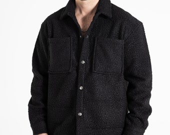 Black Men's Snap-Buckle Boucle Jacket , %100 Organic Cotton Jacket with Buttons, Spring Shirt Style Collar, Solid Colour