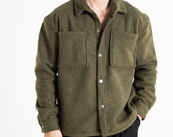 Green Men's Snap-Buckle Boucle Jacket , %100 Organic Cotton Jacket with Buttons, Spring Shirt Style Collar, Solid Colour