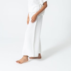 Black Muslin Relaxed Fit Elastic Waist Wide Leg Bohemian Pants, 100% Organic Cotton Trousers, With Pockets,Soft Linen Pants White