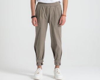 Men’s Green Trousers Detail Cargo Pants, %100 Cotton Boho Hiking Jogger Pants Pockets, Harem Soft Linen Pants, Hip Hop Elastic Waist Pants