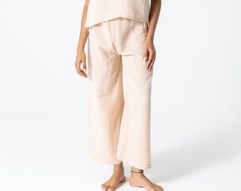 Beige Muslin Relaxed Fit Elastic Waist Wide Leg Bohemian Pants, 100% Organic Cotton Trousers, With Pockets,Soft Linen Pants