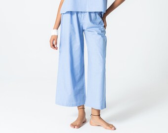 Blue Muslin Relaxed Fit Elastic Waist Wide Leg Bohemian Pants, 100% Organic Cotton Trousers, With Pockets,Soft Linen Pants