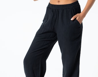 Black White Elastic Waist Muslin Cuffed Pleated Relaxed Cut Trousers, 100% Organic Cotton Trousers, Boho Pants With Pockets,Soft Linen Pants