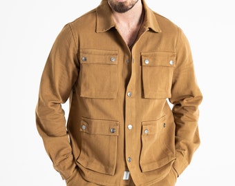 Yellow Comfortable 4-Pocket Snap Closure Gabardine Jacket, %100 Organic Cotton Jacket with Buttons, Spring Shirt Style Collar, Solid Colour