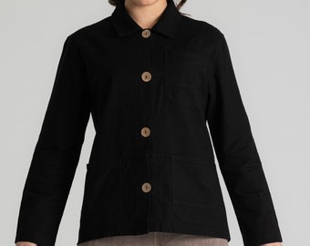 Black Blue Cotton Shirt Jacket with Pockets for Women, %100 Organic Cotton Gabardin Loose Silhouette Jacket with Buttons, Solid Colour