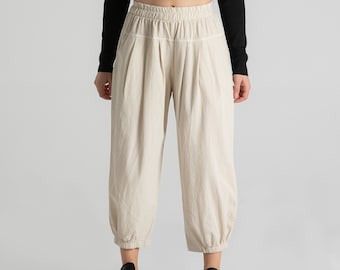 White Comfortable Fit Pleated Waist Elastic Waist 100% Organic Cotton Trousers, Boho Pants With Pockets, Soft Linen Pants,Summer Loose Pants