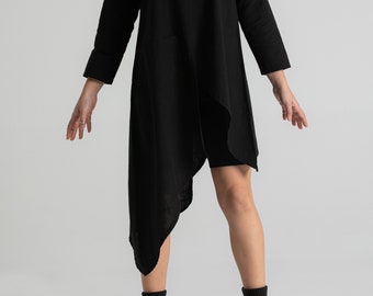 Black Asymmetrical Cut 100% Cotton Long Sleeve Design Twin Tunic, Tredy Boho Style Woman Blouse, Homebody Bohemian Clothing Sweatshirt