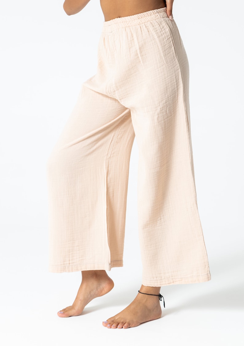 Yellow Muslin Relaxed Fit Elastic Waist Wide Leg Bohemian Pants, 100% Organic Cotton Trousers, With Pockets,Soft Linen Pants image 10