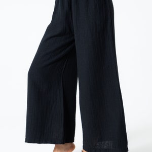 Black Muslin Relaxed Fit Elastic Waist Wide Leg Bohemian Pants, 100% Organic Cotton Trousers, With Pockets,Soft Linen Pants image 2