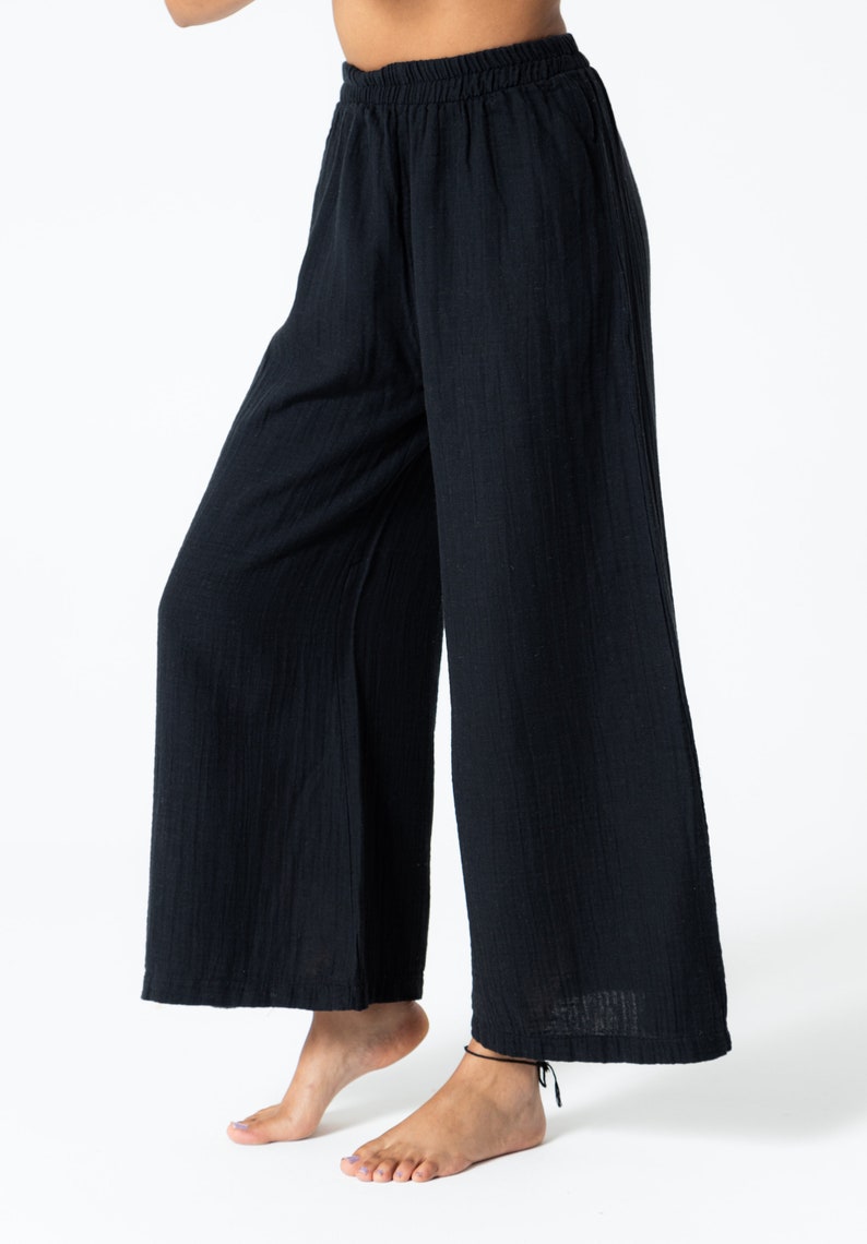 Black Muslin Relaxed Fit Elastic Waist Wide Leg Bohemian Pants, 100% Organic Cotton Trousers, With Pockets,Soft Linen Pants image 2