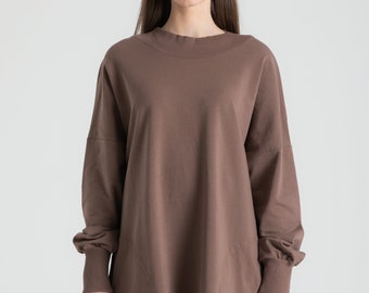 Brown Woman Boho Sweatshirt, Drawstring Waist 100% Organic Cotton Off Shoulder Bohemian Oversize Sweat, Comfort Colors