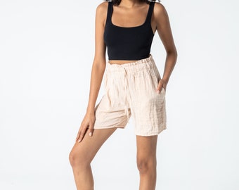 Beige Women Muslin High Waist Summer Sport Short, 100% Organic Cotton With Pockets, Solid Color Elastic Waistband Short, Soft Beach Short