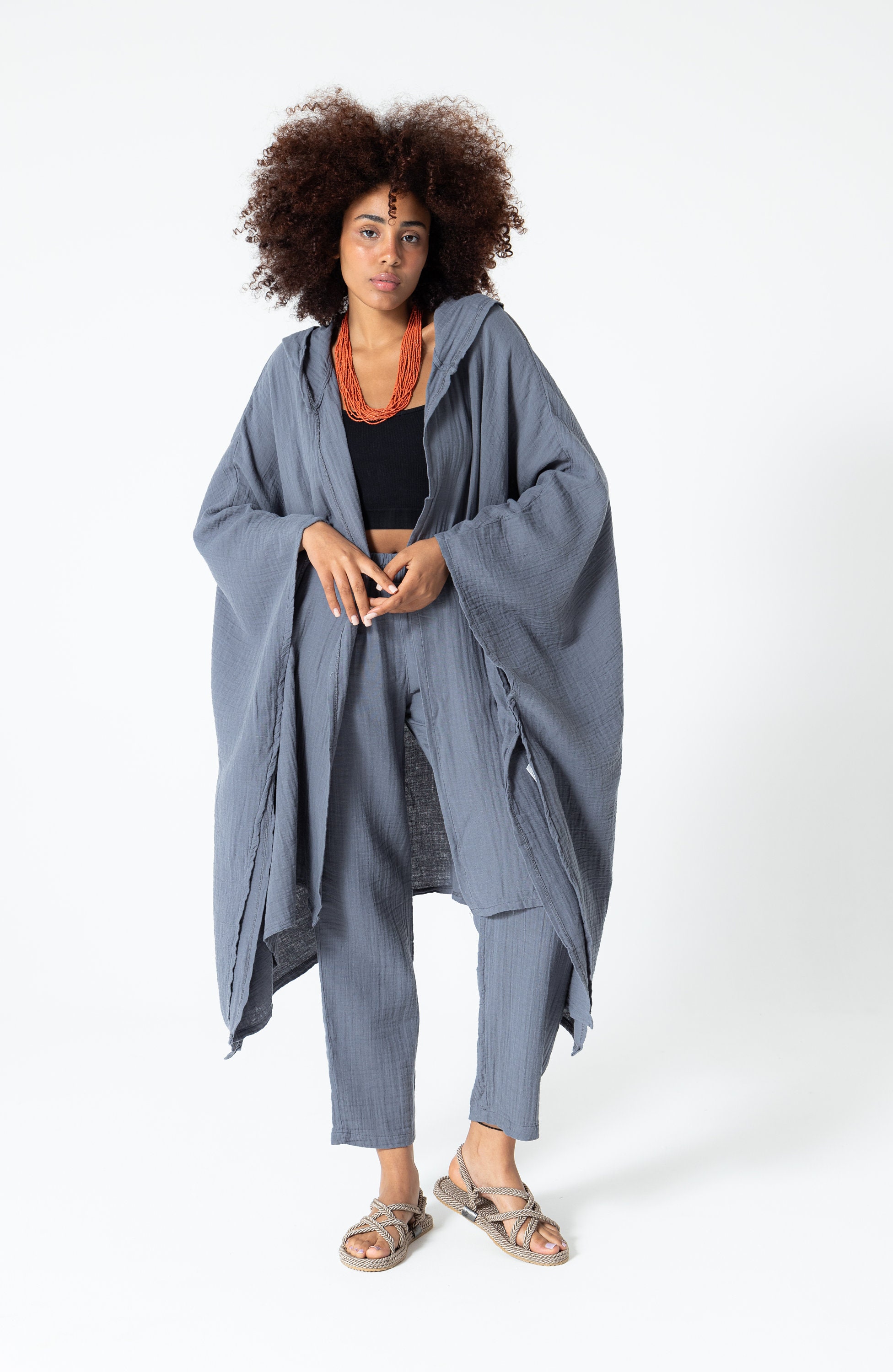 Gray Muslin Loose Hooded Bohemian Caftan, Bohemian Style 100% Cotton ...