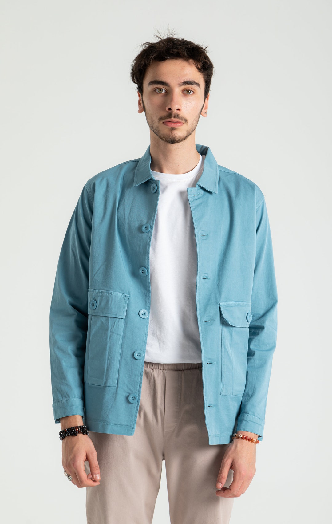 Blue Cotton Short Jacket With Pockets for Men, 100 Organic Cotton