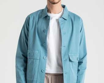 Blue Cotton Short  Jacket with Pockets for Men, %100 Organic Cotton Jacket with Buttons, Spring Shirt Style Collar, Solid Colour