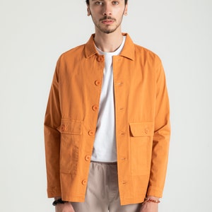 Orange Cotton Short Jacket with Pockets for Men, %100 Organic Cotton Jacket with Buttons, Spring Shirt Style Collar, Solid Colour Orange
