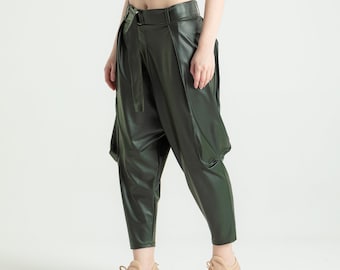 Hhaki Waist Belted Midi Length Casual Faux Leather Baggy Trousers, Harem Pants, Steampunk Pants, Cargo Baggy Sweatpants, Streetwear Trousers