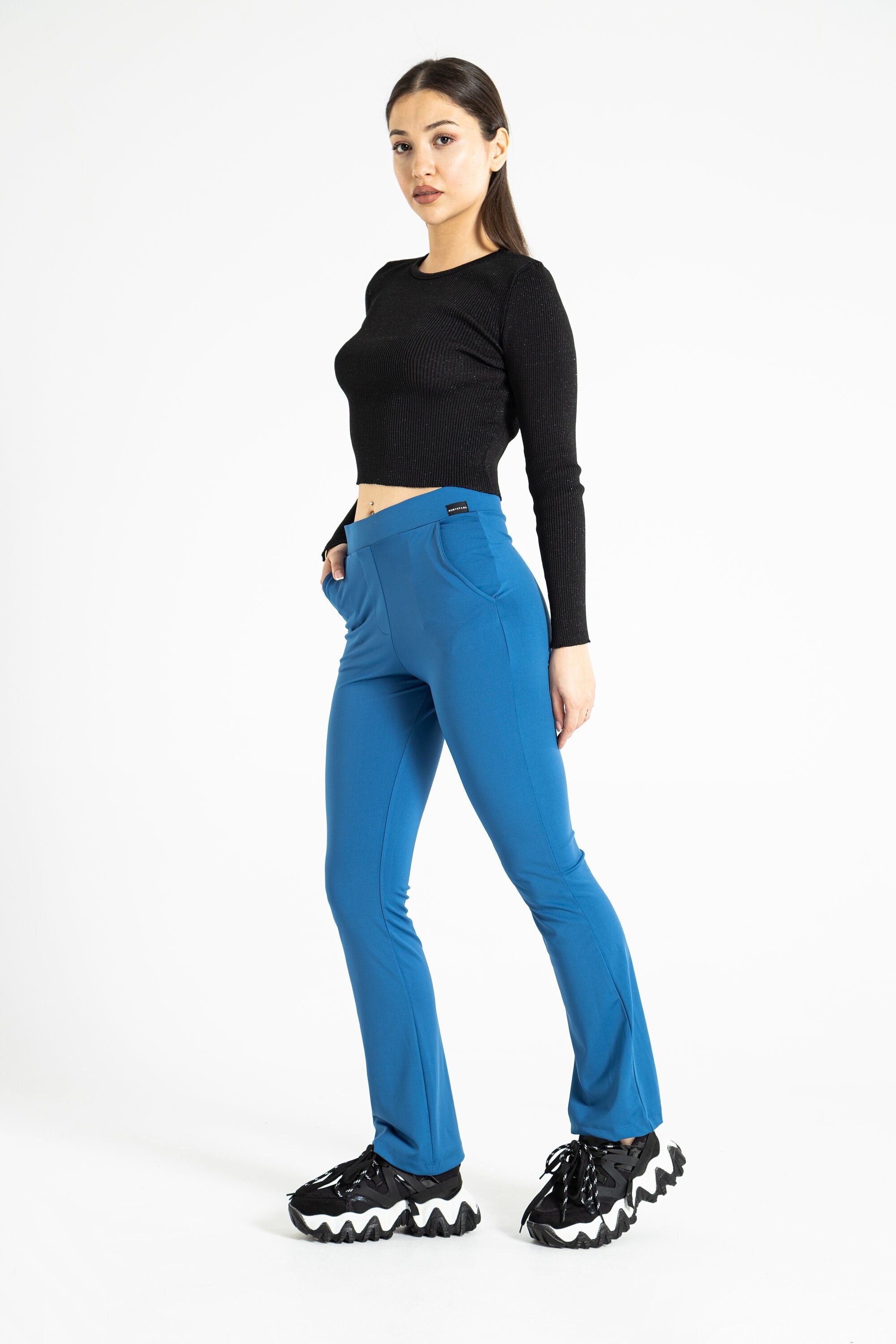 Shop Black Solid Cotton Lycra Pants For Women