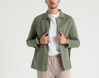 Green Cotton Short Jacket with Pockets for Men, %100 Organic Cotton Jacket with Buttons, Spring Shirt Style Collar, Solid Colour